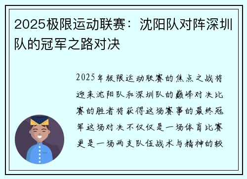 2025极限运动联赛：沈阳队对阵深圳队的冠军之路对决