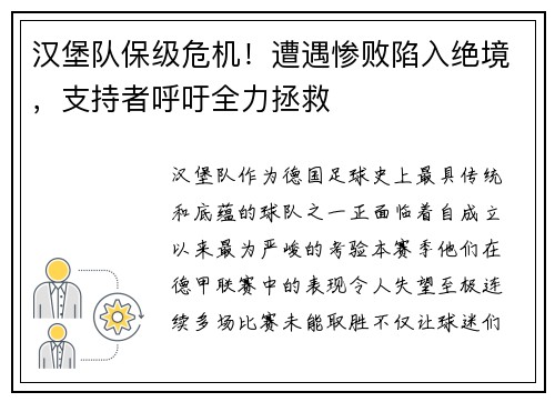 汉堡队保级危机！遭遇惨败陷入绝境，支持者呼吁全力拯救