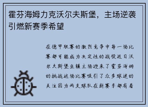 霍芬海姆力克沃尔夫斯堡，主场逆袭引燃新赛季希望
