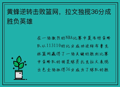 黄蜂逆转击败篮网，拉文独揽36分成胜负英雄